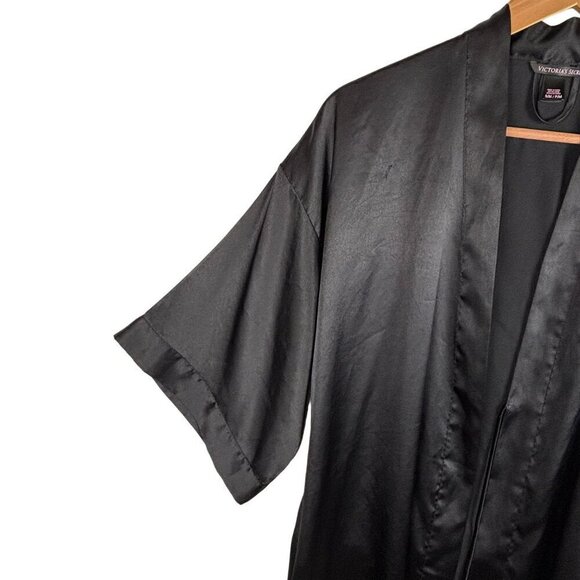Victorias Secret Black Satin Kimono Robe S/M 100% Polyester Lightweight Lounge - Picture 2 of 10